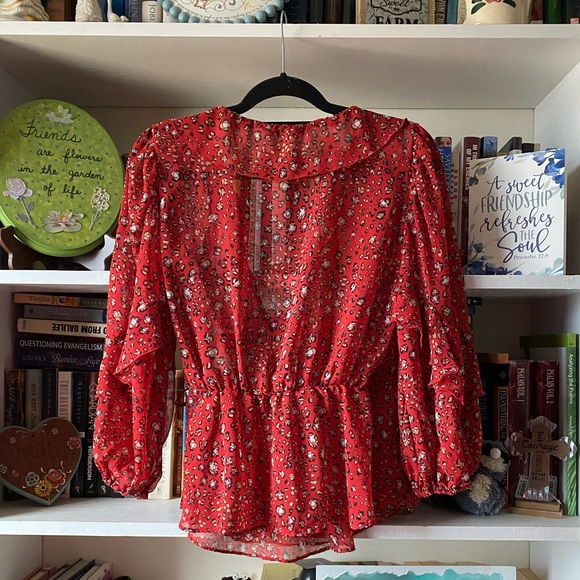 Zara | Red Leopard Print Sheer Wrap Top - Picture 9 of 11
